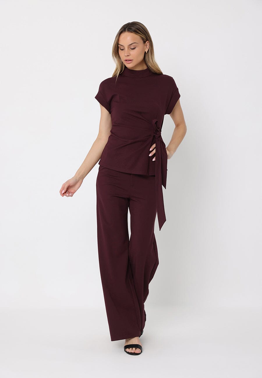 High neck tie detail short sleeve solid top