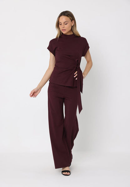 High neck tie detail short sleeve solid top