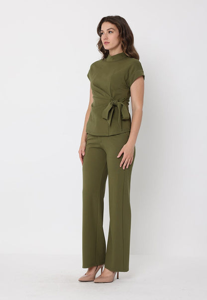 High neck tie detail short sleeve solid top