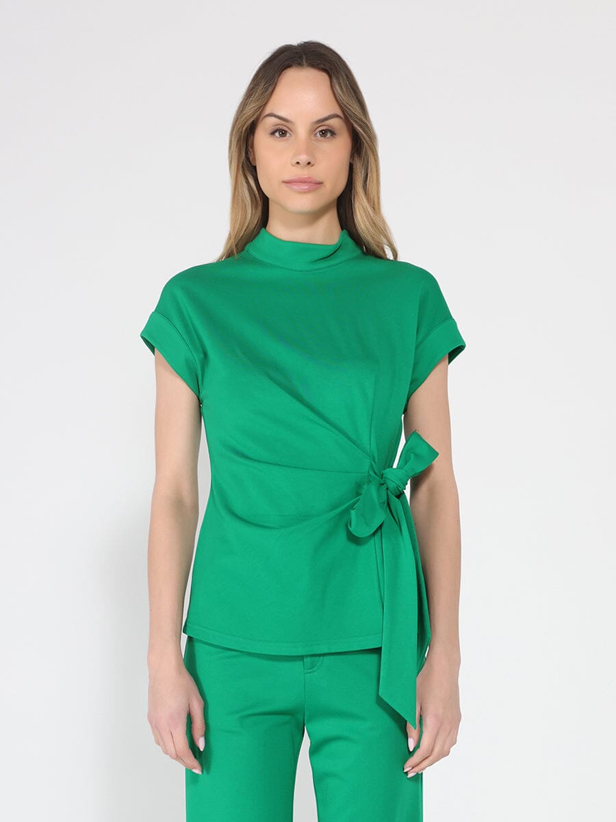 High neck tie detail short sleeve solid top