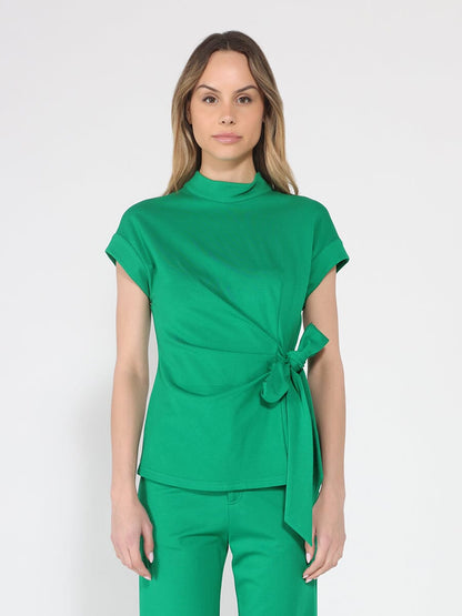 High neck tie detail short sleeve solid top