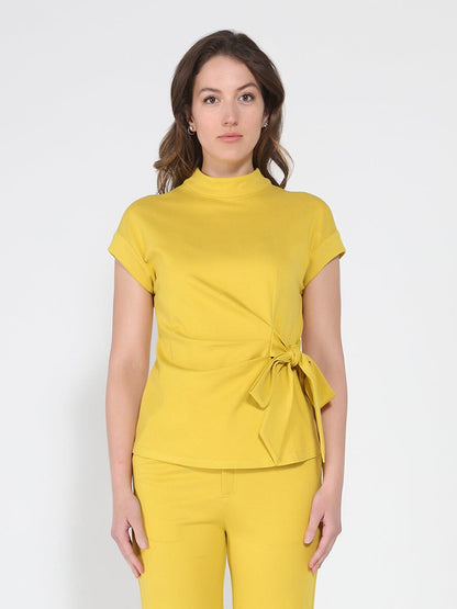 High neck tie detail short sleeve solid top