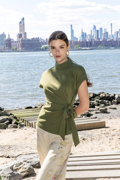 High neck tie detail short sleeve solid top