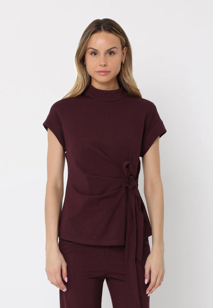 High neck tie detail short sleeve solid top