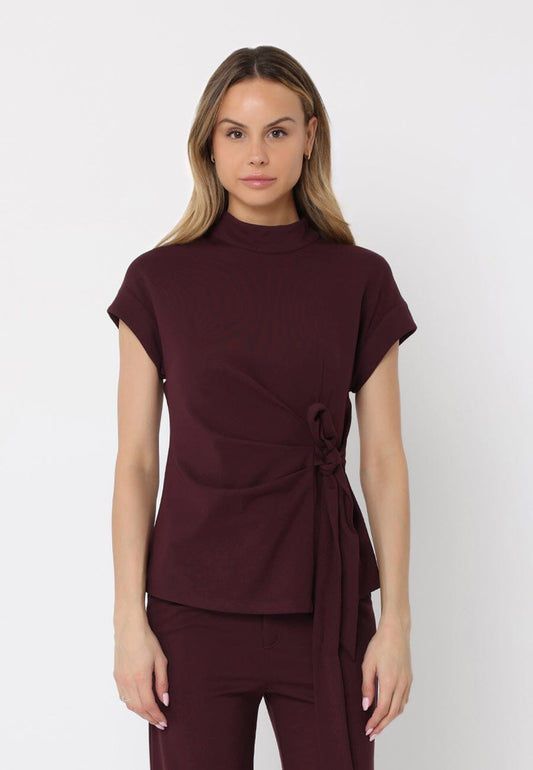 Gracia Fashion Women's High neck tie detail short sleeve solid top