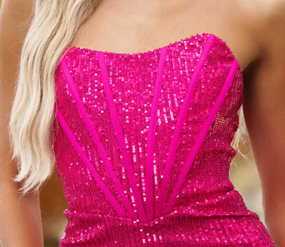 Gia Mini Dress - Corset Cocktail Dress - Fuchsia Sequin