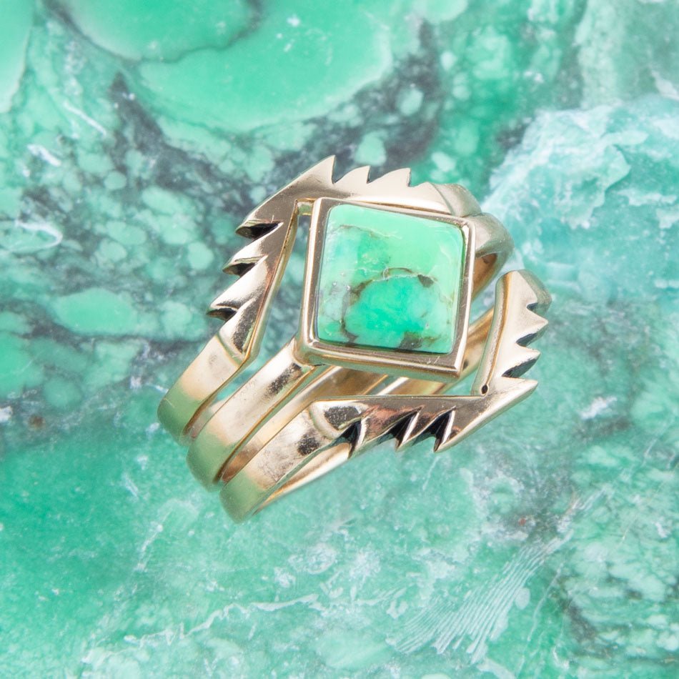 Aztec Lime Green Turquoise Golden Ring Set