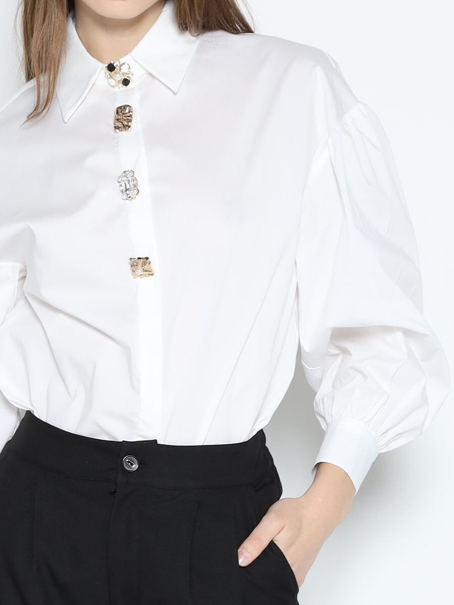 Camisa de algodón para mujer Gracia Fashion con manga larga abullonada y detalle de botones