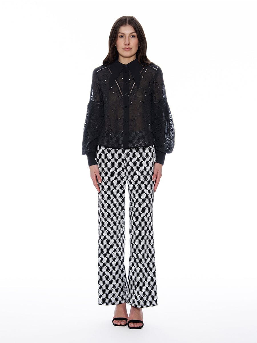 Long Sleeve Button Cuff Eyelet Collared Top