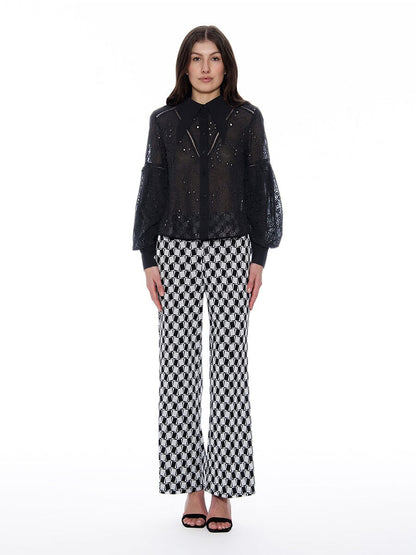 Long Sleeve Button Cuff Eyelet Collared Top