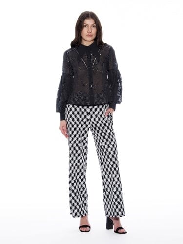 Long Sleeve Button Cuff Eyelet Collared Top