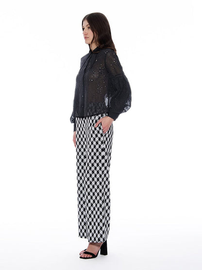 Long Sleeve Button Cuff Eyelet Collared Top