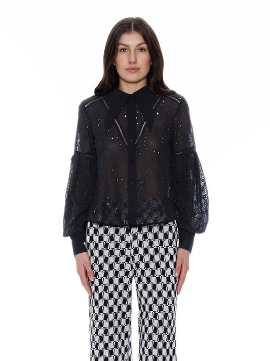 Gracia Fashion Women's Long Sleeve Button Cuff Eyelet Collared Top
