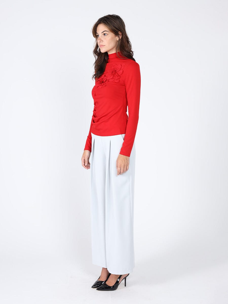 Gracia Fashion Women's Long Sleeve Mock Neck Flower Applique Top