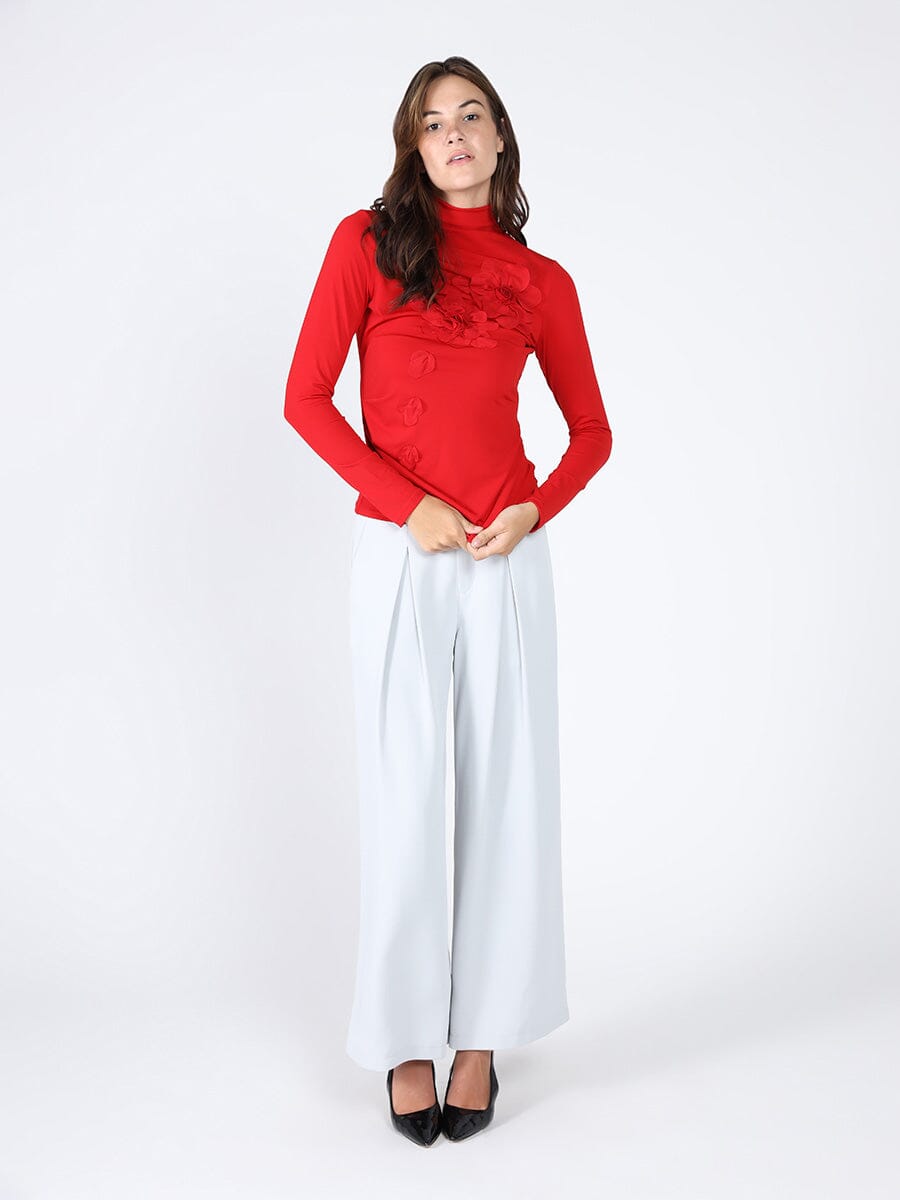 Long Sleeve Mock Neck Flower Applique Top
