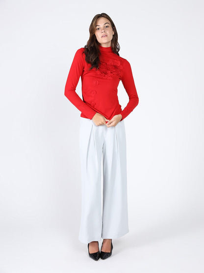 Long Sleeve Mock Neck Flower Applique Top
