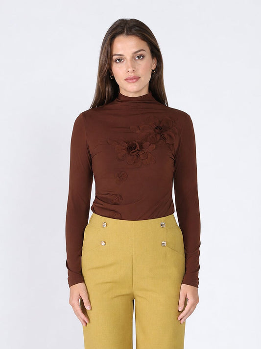 Gracia Fashion Women's Long Sleeve Mock Neck Flower Applique Top