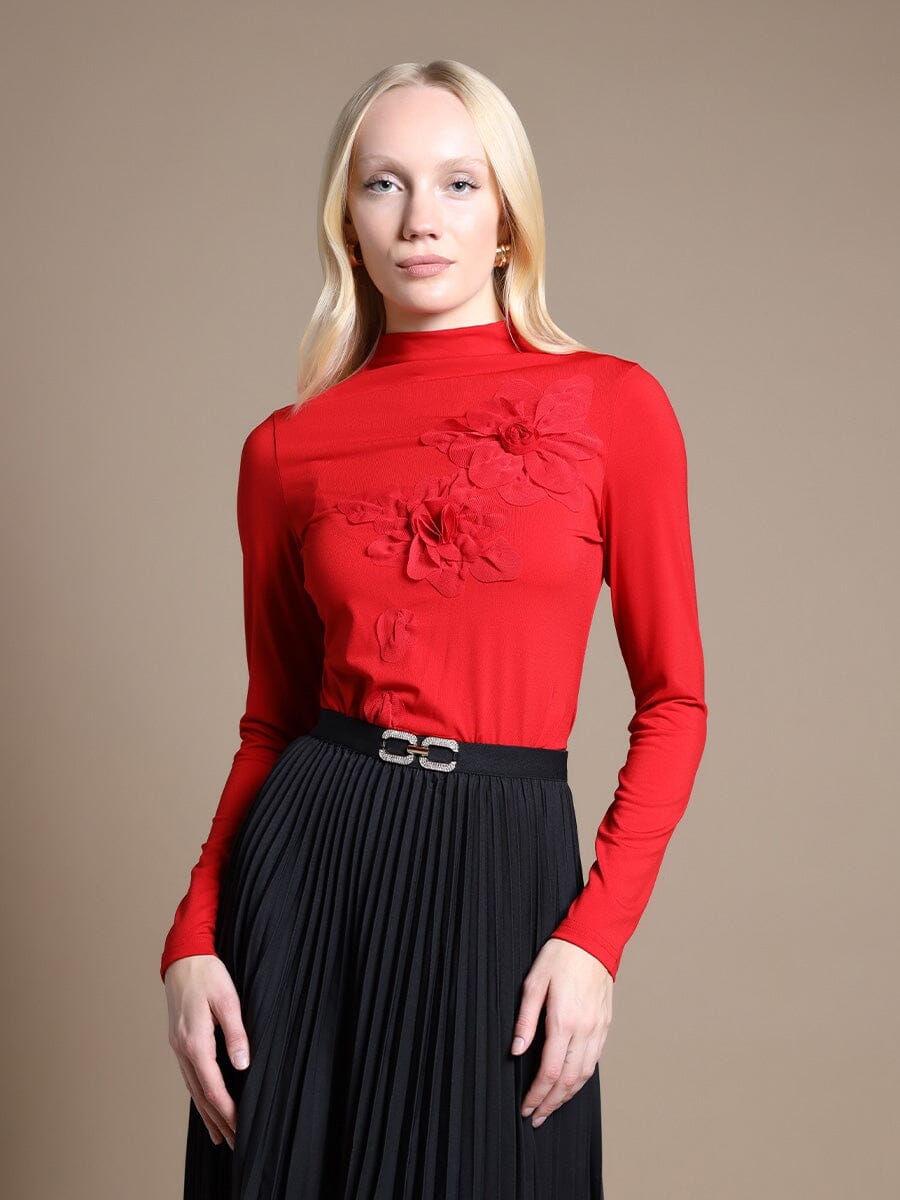 Long Sleeve Mock Neck Flower Applique Top