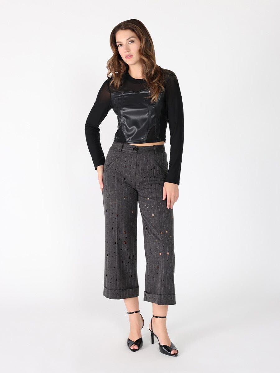 Long Sleeve Round Neck Leather Detailed Top