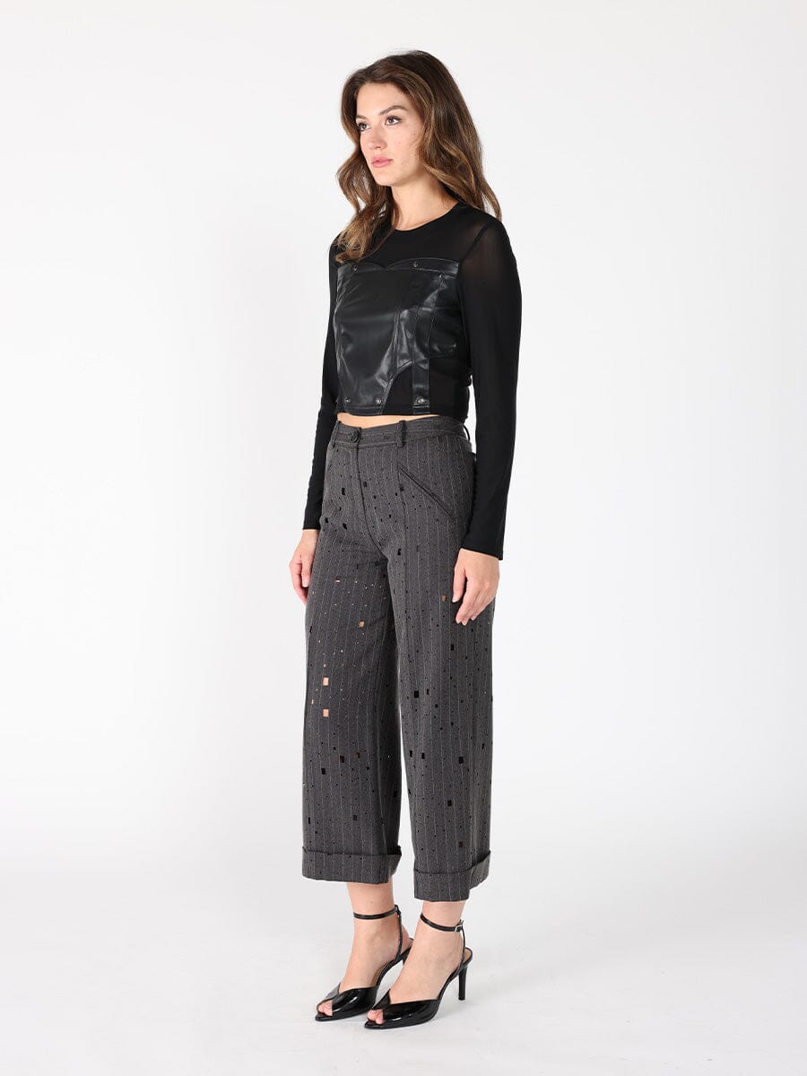 Long Sleeve Round Neck Leather Detailed Top