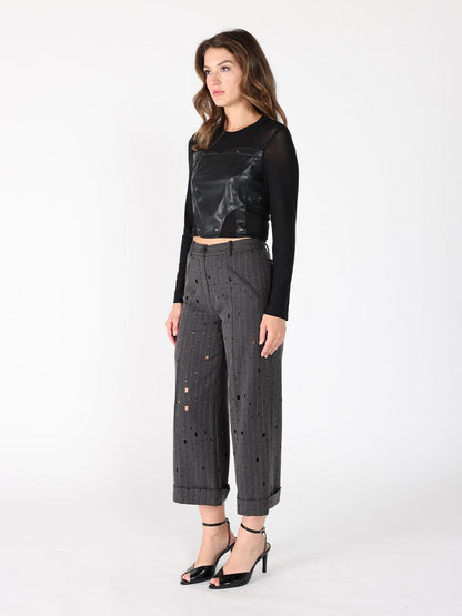 Long Sleeve Round Neck Leather Detailed Top