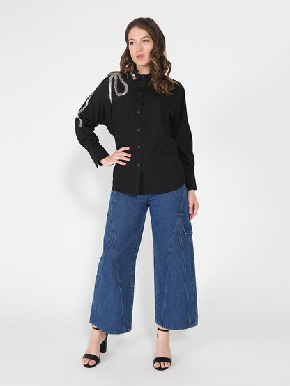 Long Sleeve Shirt Button Down Sequin Embellished