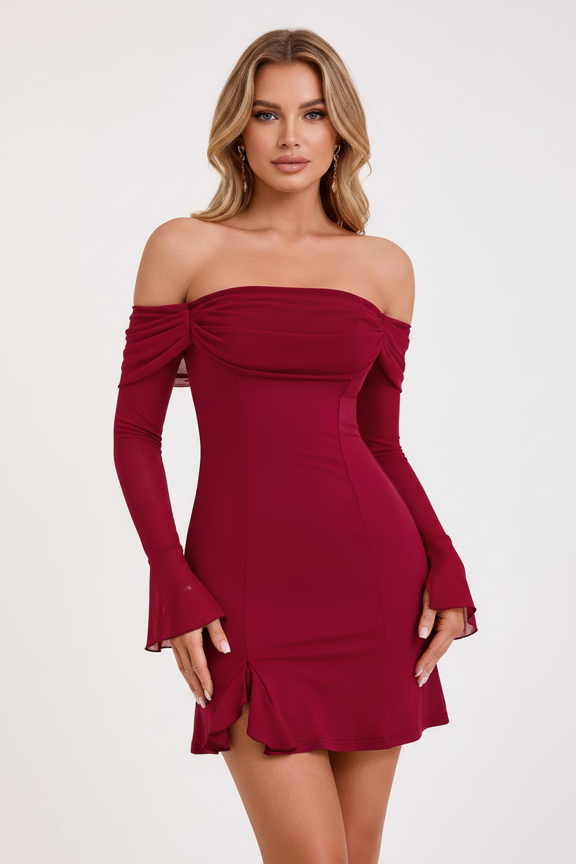 Off-Shoulder Long Sleeve Mini Dress