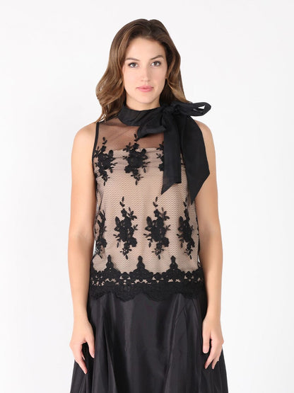 Organza-Like Neck Tie Sleeveless See-Through Top
