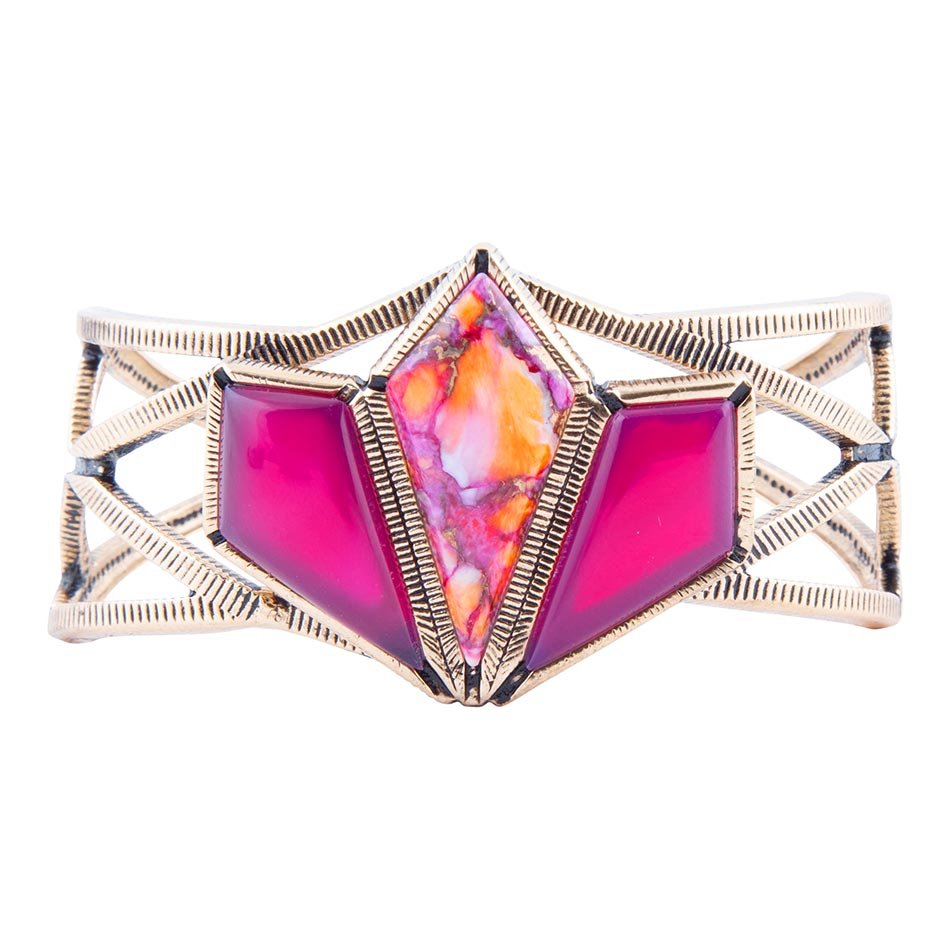 Pink Agate and Coral Matrix Golden Cuff Bracelet