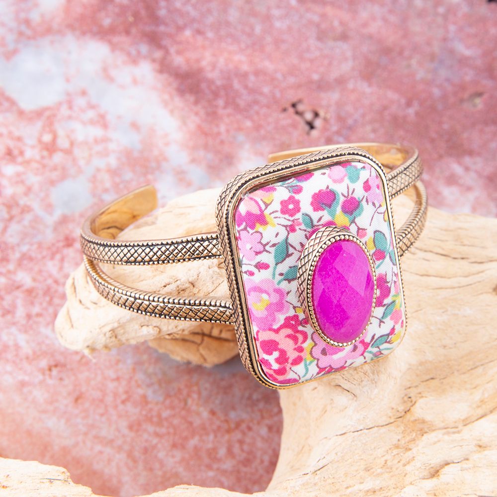 Pulsera Brazalete Floral de Piedra Apilada de Ágata Rosa