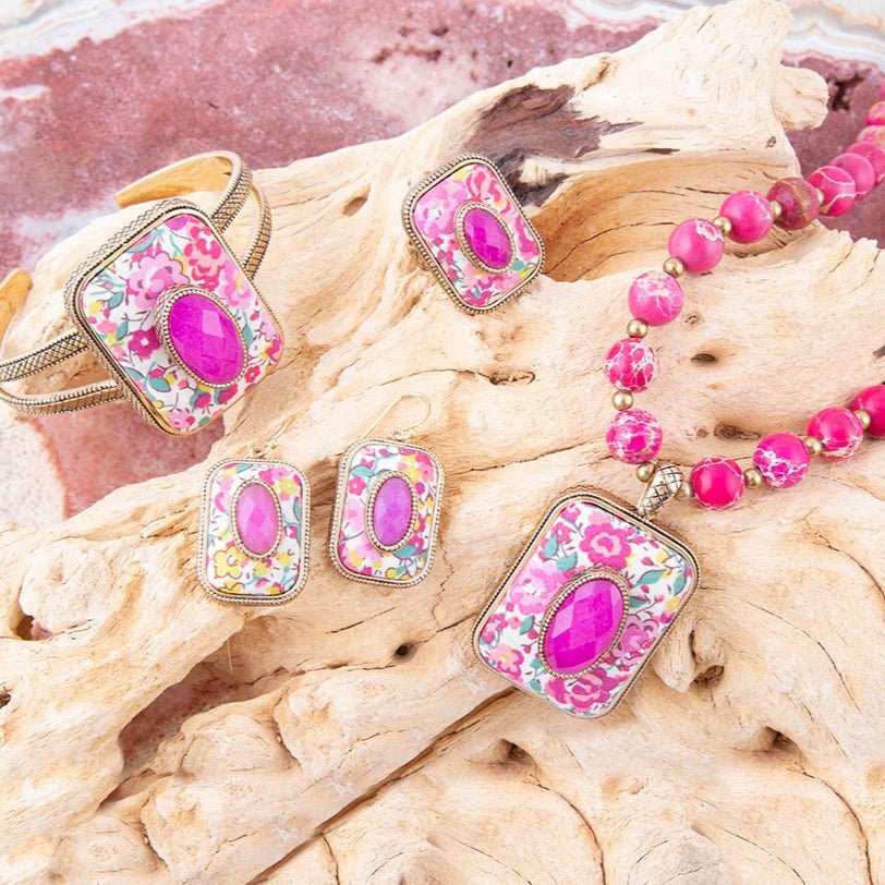 Pulsera Brazalete Floral de Piedra Apilada de Ágata Rosa
