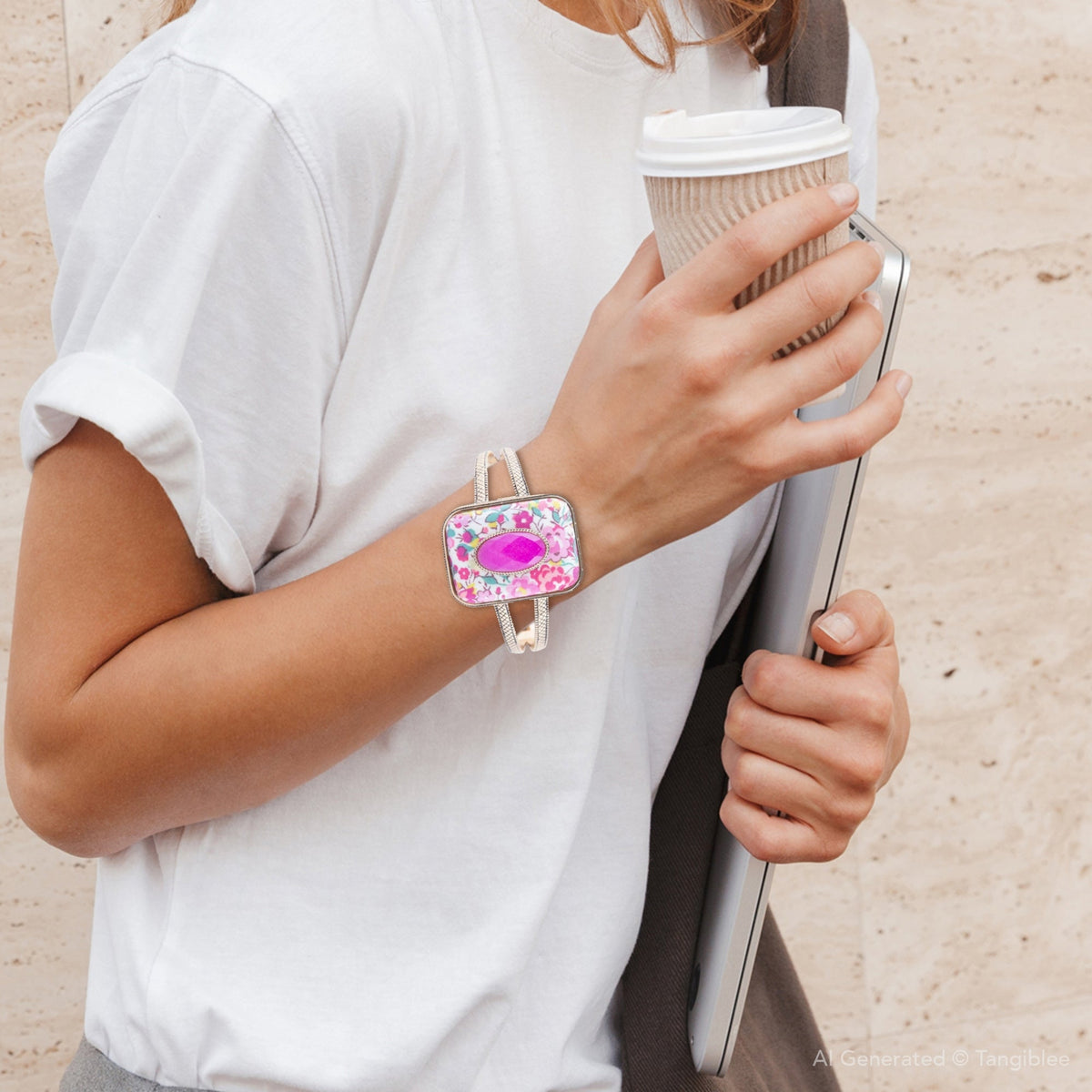 Pulsera Brazalete Floral de Piedra Apilada de Ágata Rosa