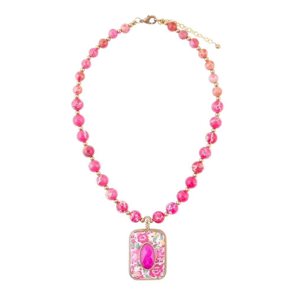 Pink Agate Stacked Stone Floral Pendant Necklace