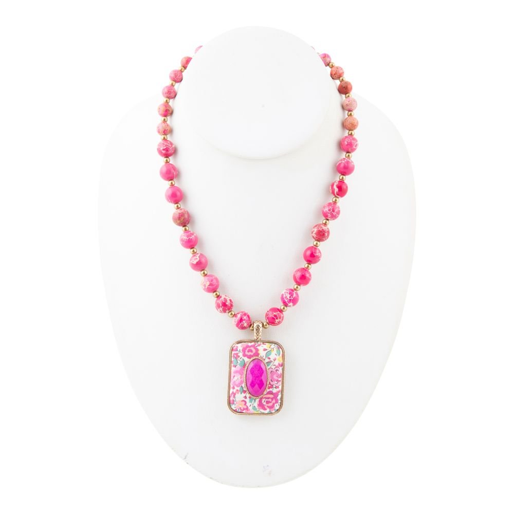 Pink Agate Stacked Stone Floral Pendant Necklace