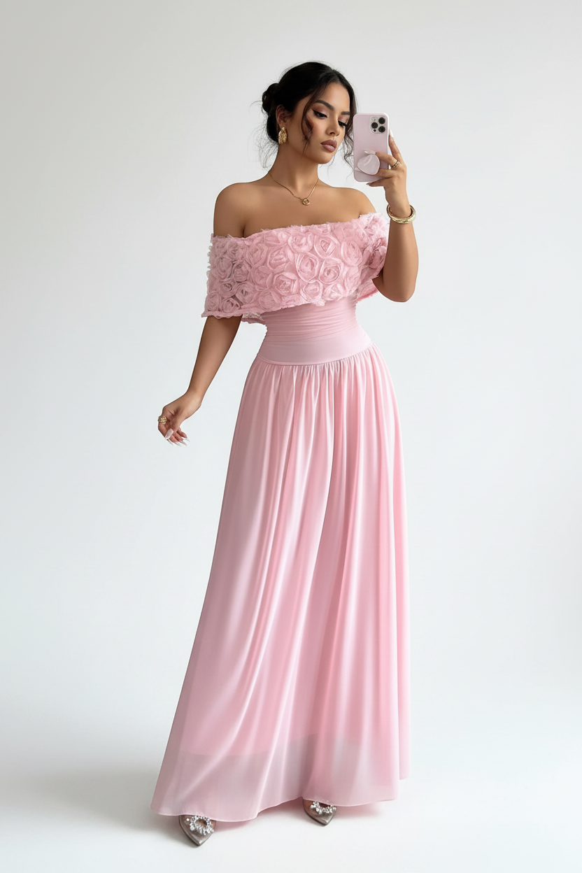 Pink Rose Off-Shoulder Maxi