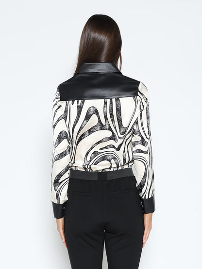 Print & Pleather Spliced Button-Down Shirt Top