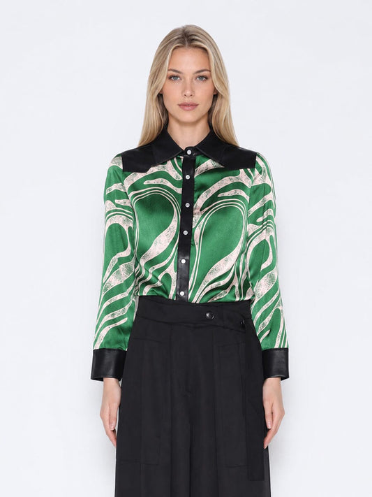 Gracia Fashion Women's Print & Pleather Spliced Button-Down Shirt Top