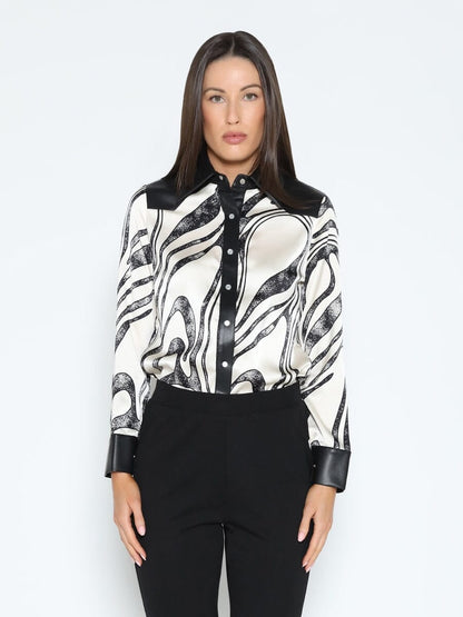 Print & Pleather Spliced Button-Down Shirt Top