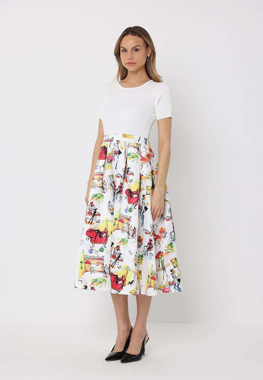Gracia Fashion Women's Printed Skirt w/ Ribbed Short Sleeve Top Midi Dres