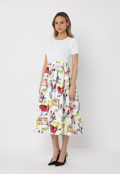Printed Skirt w/ Ribbed Short Sleeve Top Midi Dres