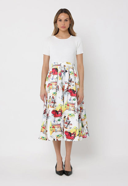 Printed Skirt w/ Ribbed Short Sleeve Top Midi Dres