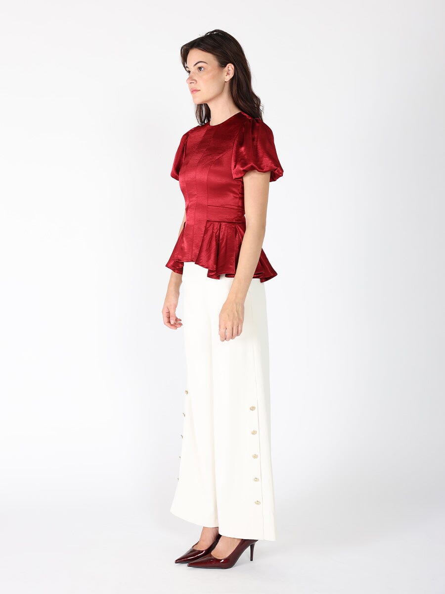 Gracia Fashion Women's Puffed Sleeve Ruffle Bottom Crew Neck Top