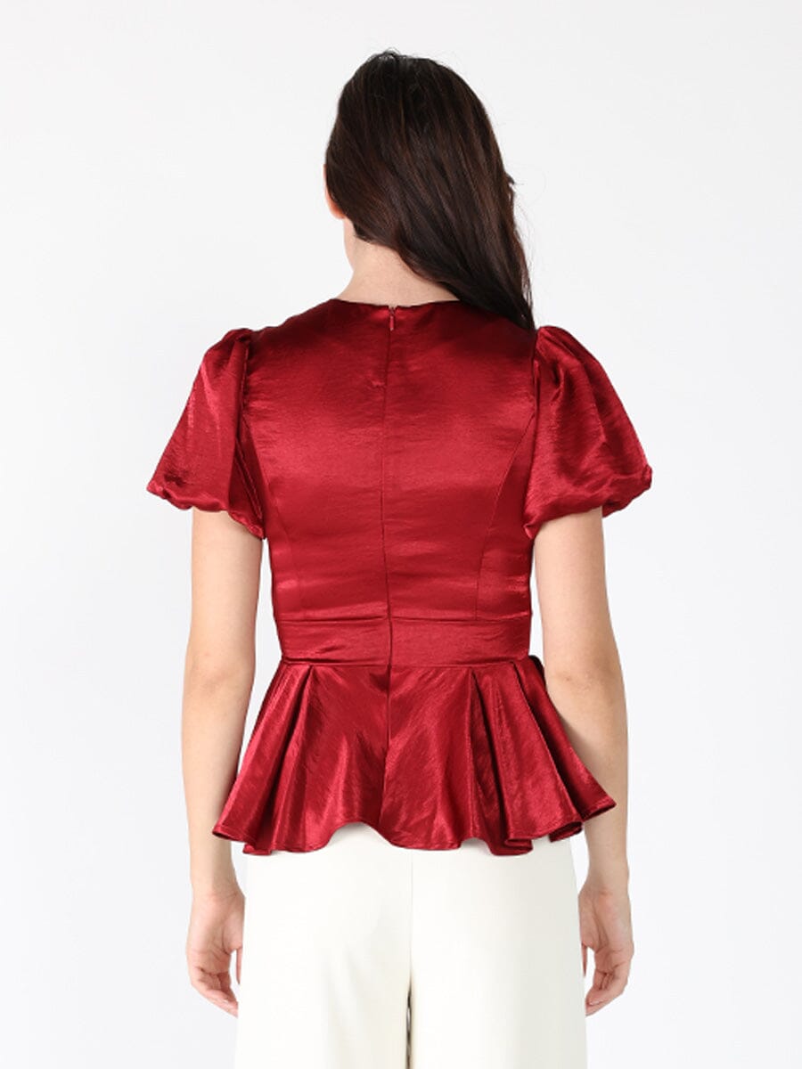Gracia Fashion Women's Puffed Sleeve Ruffle Bottom Crew Neck Top