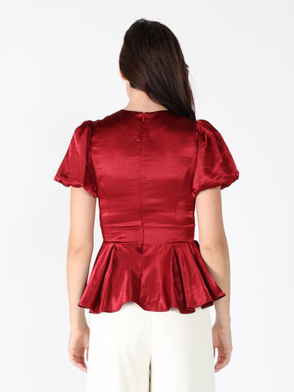 Puffed Sleeve Ruffle Bottom Crew Neck Top