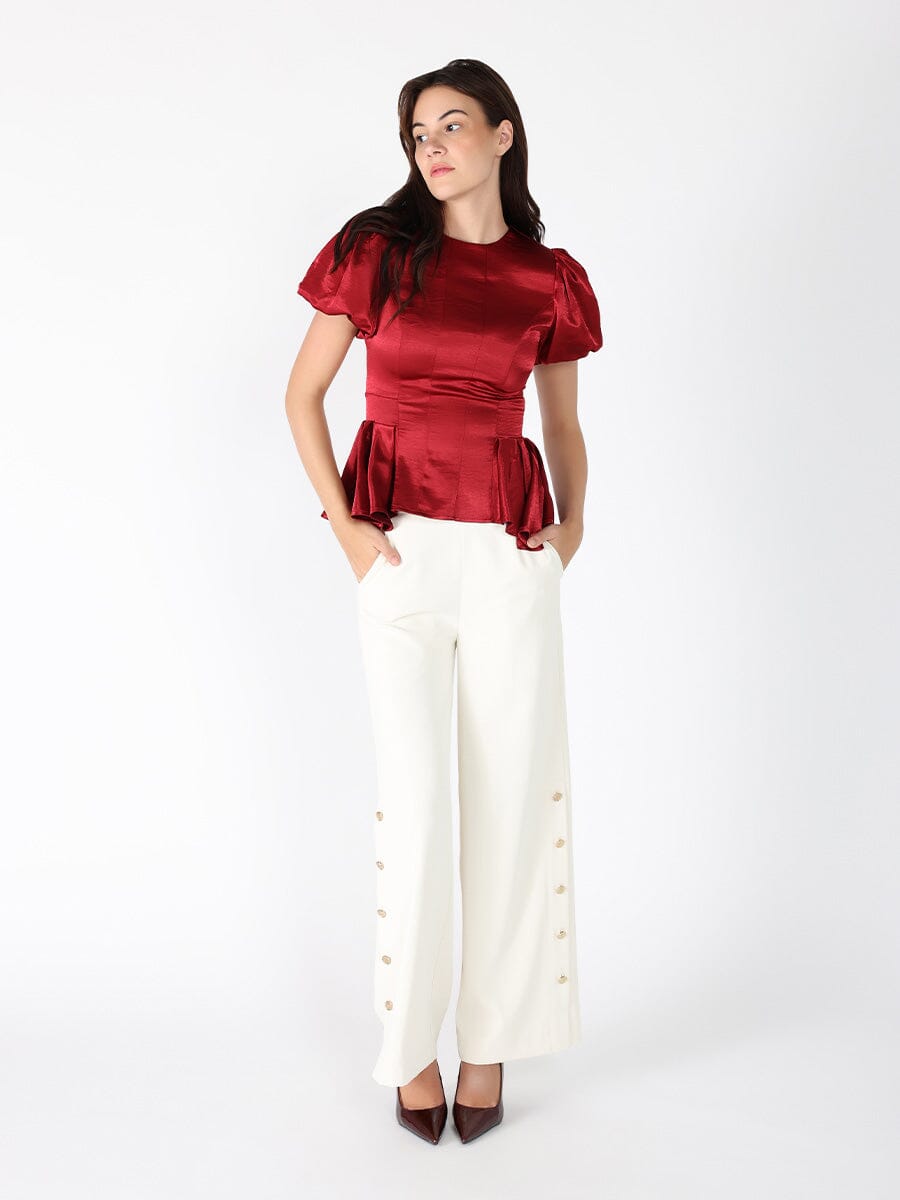 Gracia Fashion Women's Puffed Sleeve Ruffle Bottom Crew Neck Top