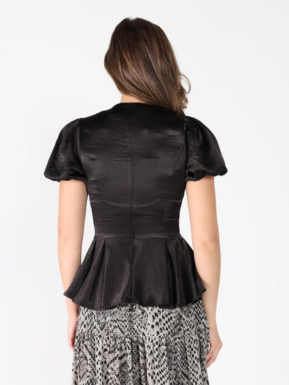 Puffed Sleeve Ruffle Bottom Crew Neck Top