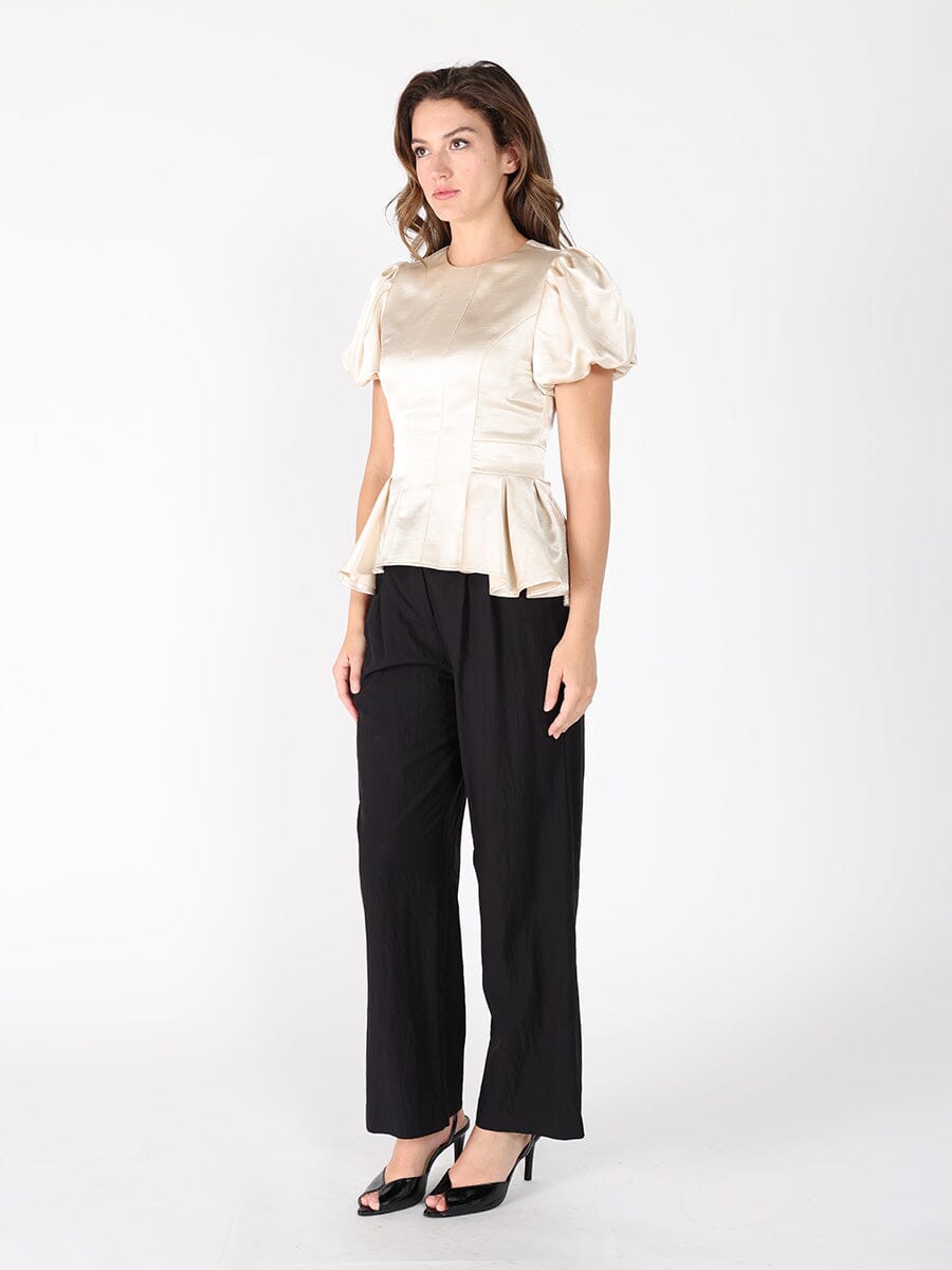 Gracia Fashion Women's Puffed Sleeve Ruffle Bottom Crew Neck Top