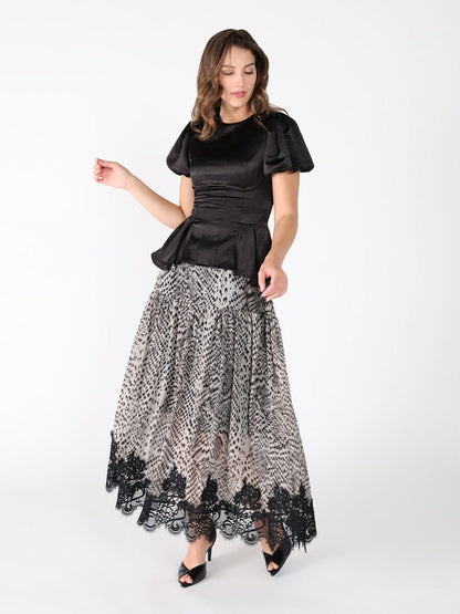 Puffed Sleeve Ruffle Bottom Crew Neck Top