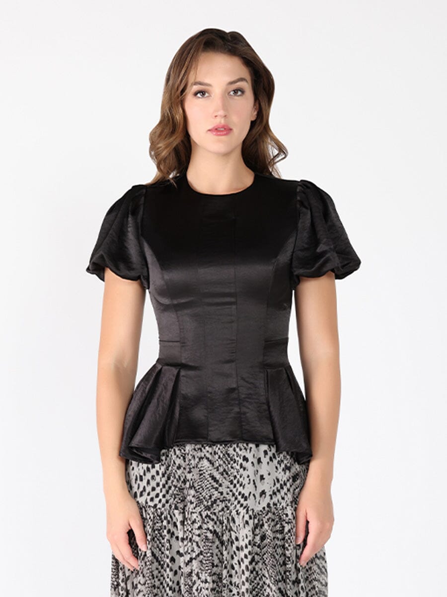 Gracia Fashion Women's Puffed Sleeve Ruffle Bottom Crew Neck Top