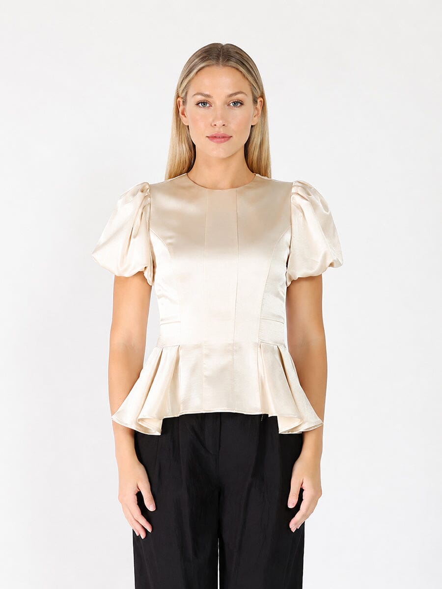 Puffed Sleeve Ruffle Bottom Crew Neck Top
